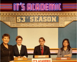 Behind podiums: junior Ashley Sova, senior Jonathan Leidenheimer and sophomore Emma Fan test their knowledge. Courtesy of Melissa Nicholsen.