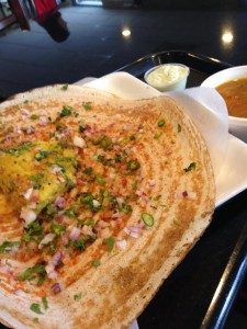 Anna’s onion chili masala dosa came with chutney and sumbar, as well as a healthy serving of hot chilis. The dish was spicy and authentic.