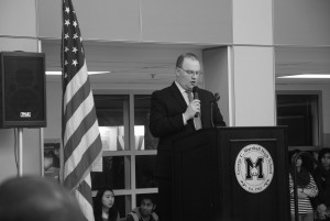 Principal Jeffrey Litz speaks at the grand opening ceremony, which marked the end of  the four year construction project. Superintendent Karen Garza and Fairfax County School Board member Ryan McElveen were among those in attendance. The event featured tours led by Marshall students, a preview of the Marshall musuem and a reception. 