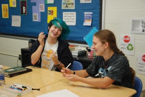 The second GSA meeting, held on Sept. 24 in room D204, involved discussing the club’s future capaigns and goals. Seniors Bailey Land, Emily Sarich and junior Quinton Koernig socialize at the back table, while senior Macey Stearns and juniors Gabriella Marchetti and Valerie Villarreal socialize in the front.