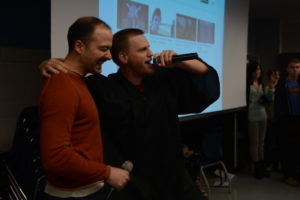 English teachers Matthew Horne and Paul Fauteux perform new songs from their band Toast Ghost in the cafeteria for all students to see.  