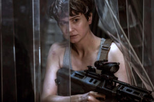 Main character Captain Daniels (Katherine Waterston) defends herself against the alien Xenomorph aboard the colony ship, the Covenant.