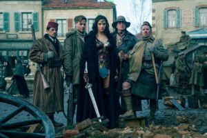 From left to right: Sameer (Saïd Taghhmaoui), Steve Trevor (Chris Pine), Diana Prince (Gal Gadot), The Cheif (Eugene Brave Rock) and Charlie (Ewen Bremmer), pose for a photo after saving a small town in the Eastern Front in Belgium